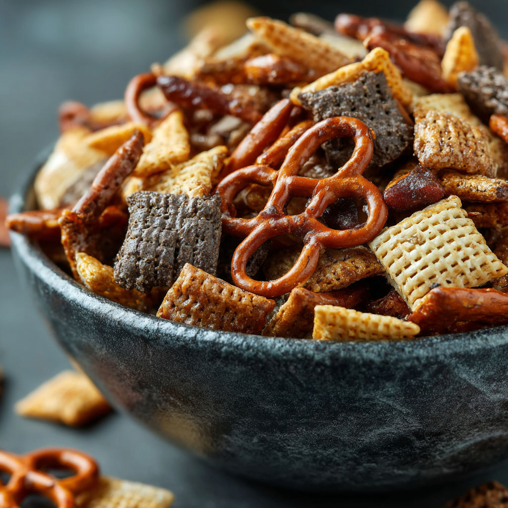 A bowl of snacks with pretzels and crackers.
