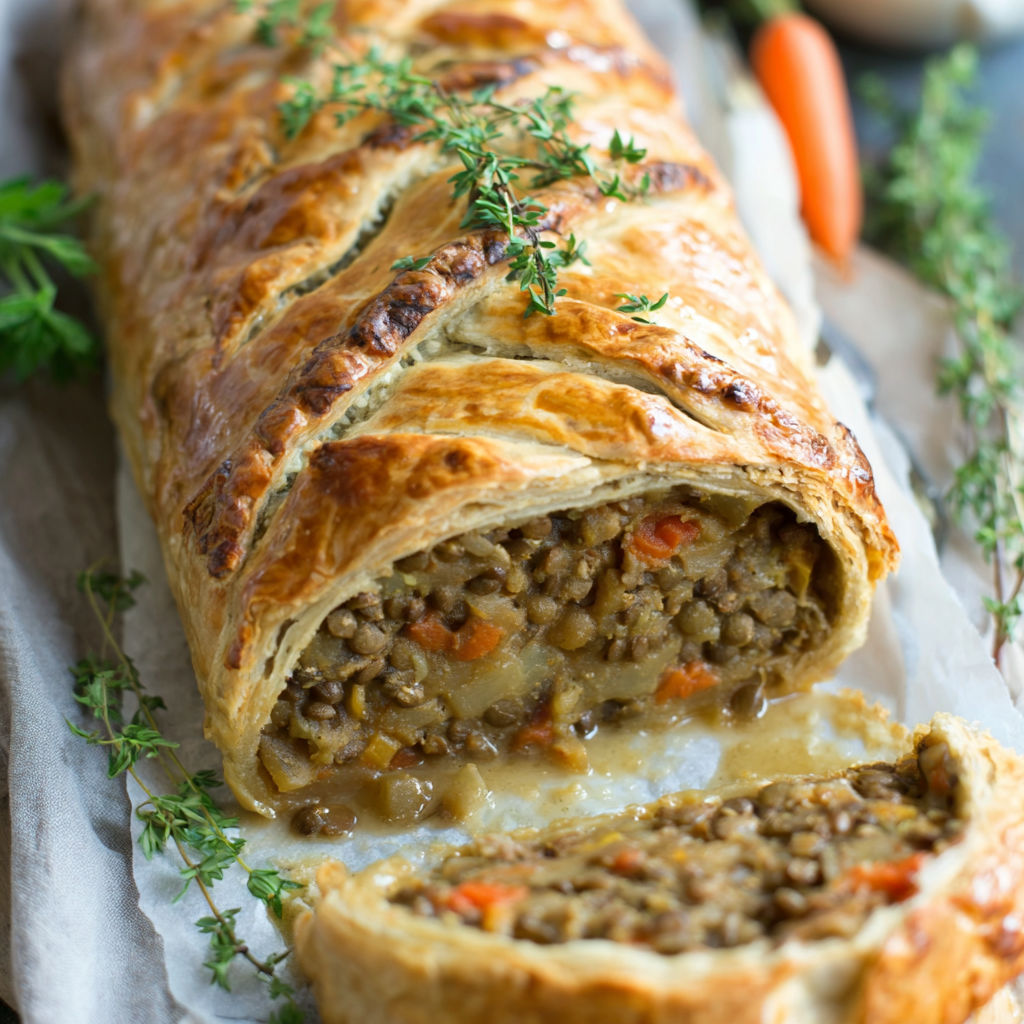 A pastry with meat and vegetables inside.