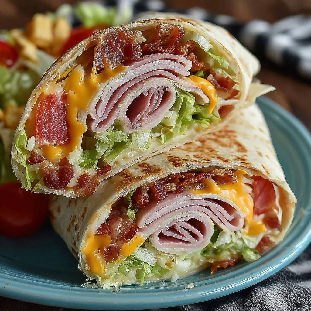 A sandwich with lettuce, bacon, and cheese.