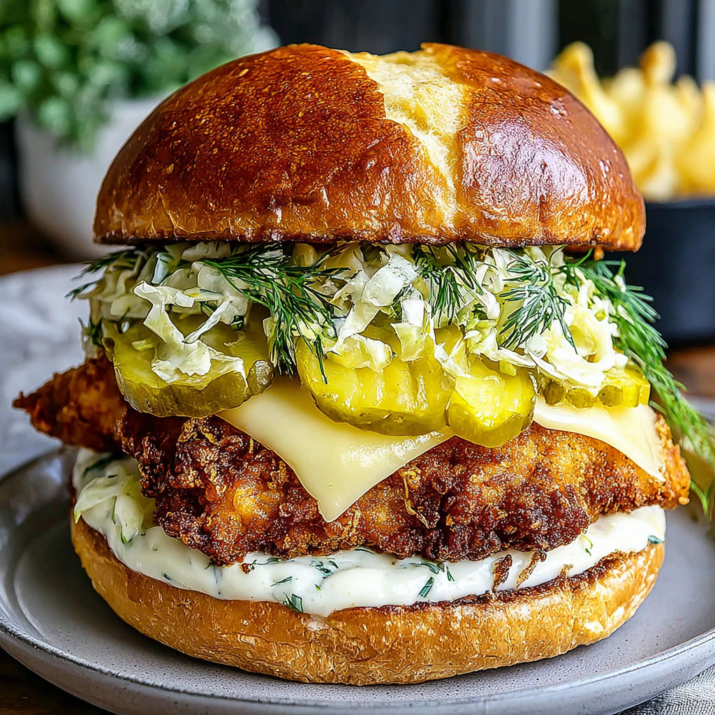 A sandwich with lettuce, pickles, and cheese.