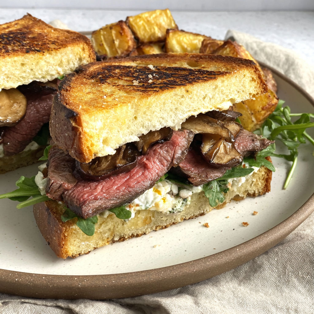 A sandwich with meat and mushrooms on a plate.