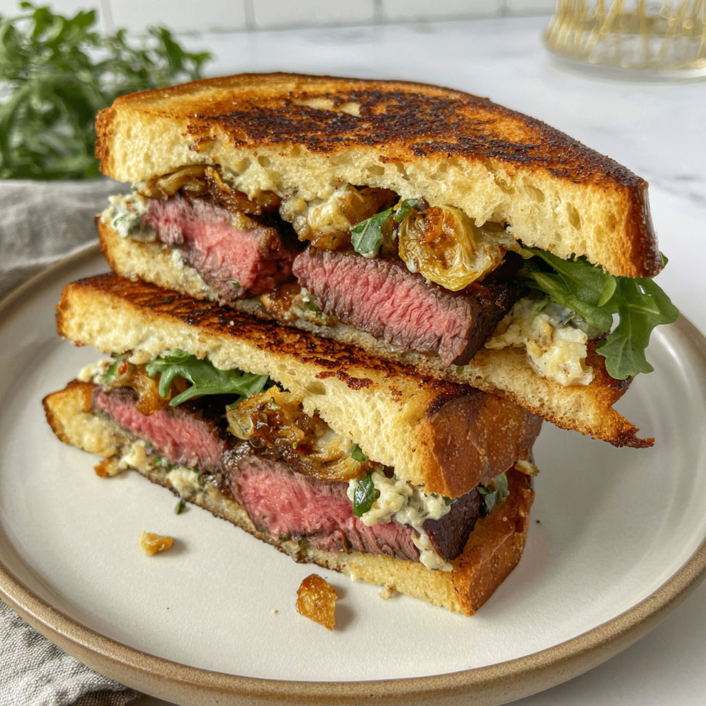 A sandwich with meat and vegetables on a plate.