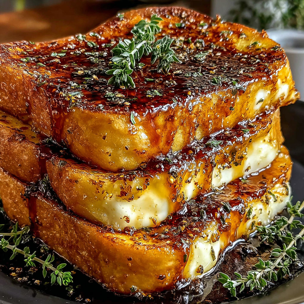 A stack of French toast with cheese and herbs.