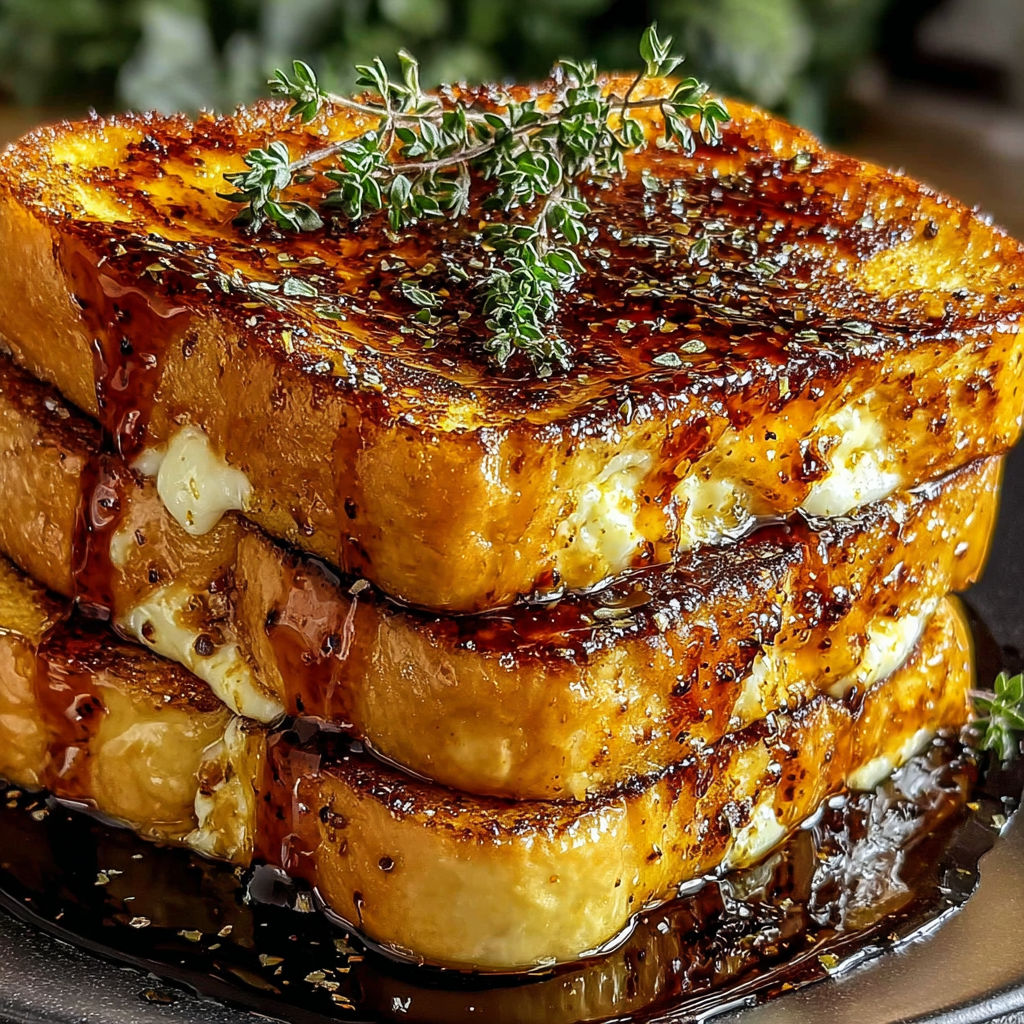 A stack of French toast with a sprig of rosemary on top.