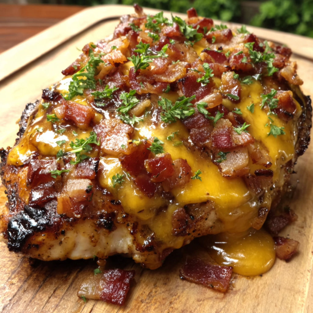 A piece of meat with bacon and cheese on top.