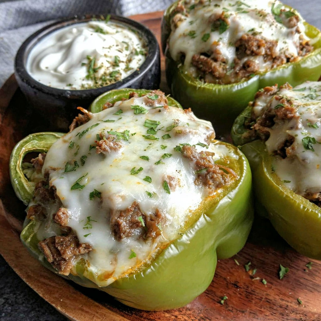 A plate of food with two peppers and a bowl of dip.