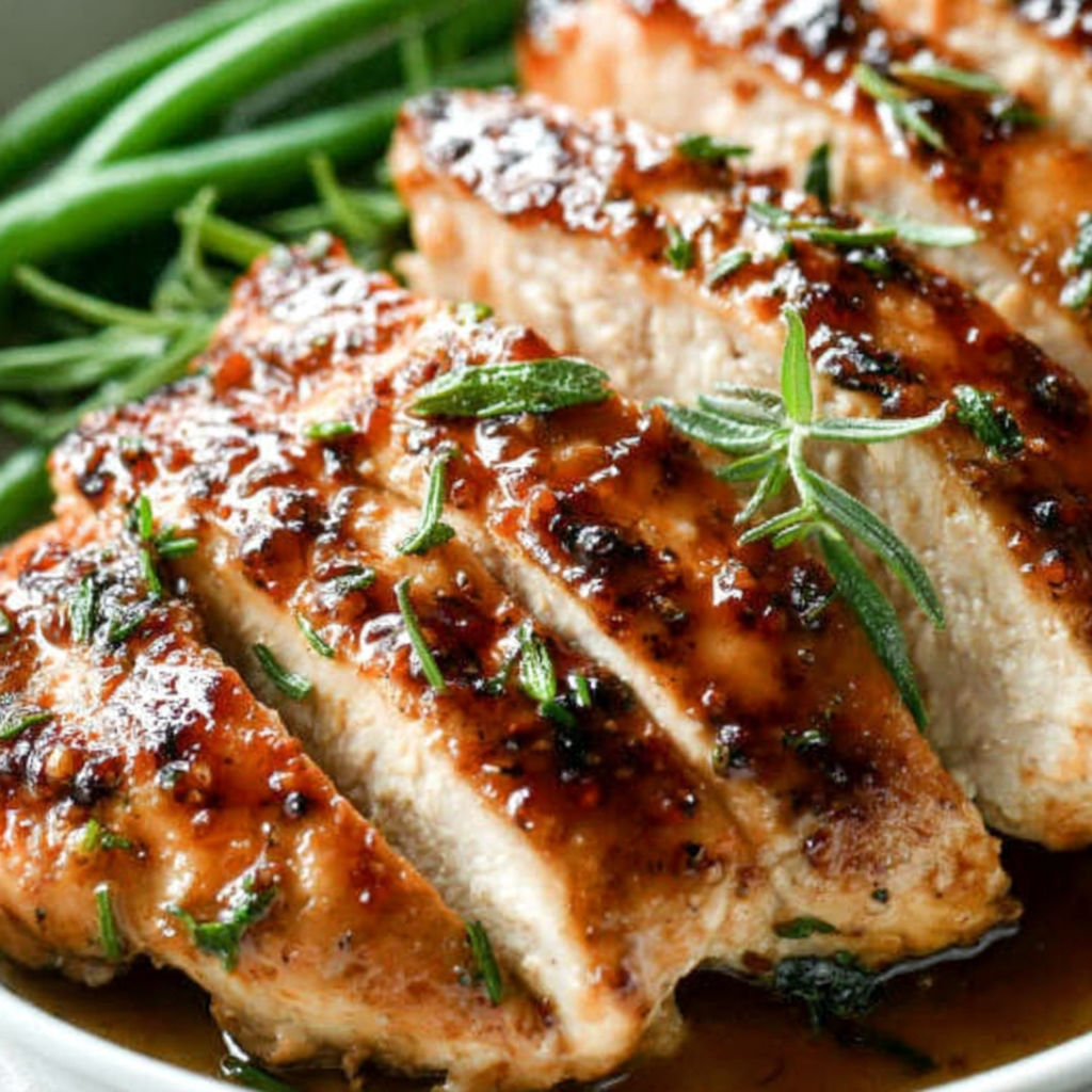 A plate of meat with a green vegetable on the side.