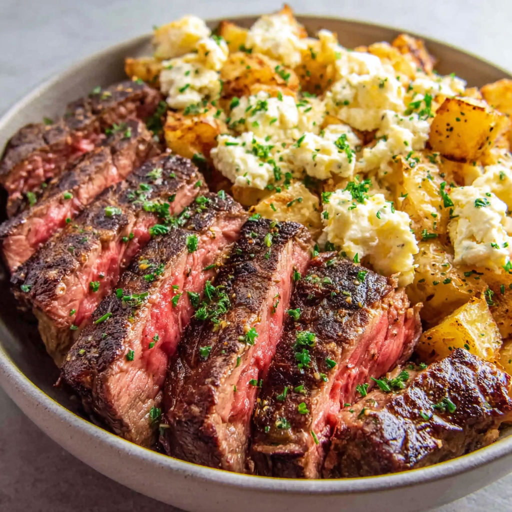 A bowl of food with meat and potatoes.