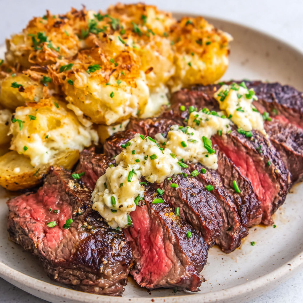 A plate of food with a steak and potatoes.