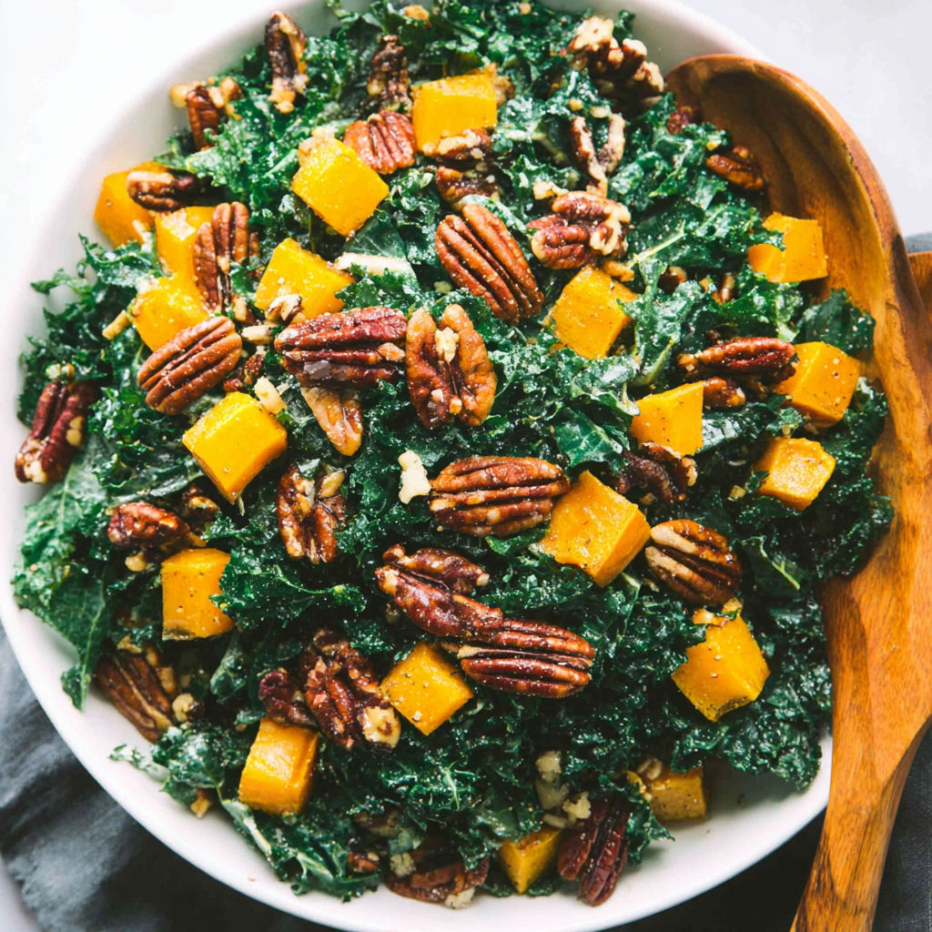 A bowl of salad with a wooden spoon.
