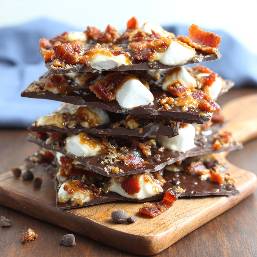 A stack of chocolate bars with marshmallows on top.