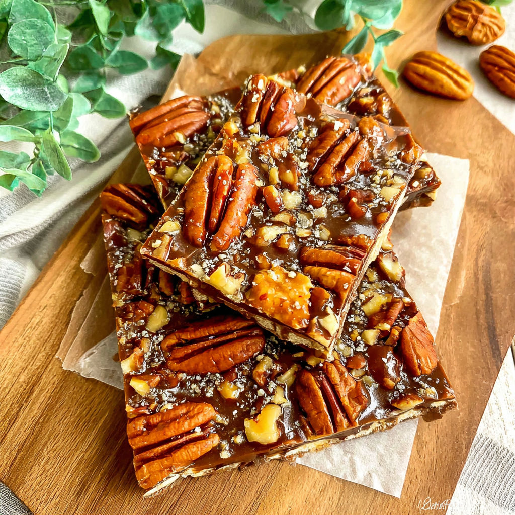 A wooden cutting board with a recipe for a nutty dessert.