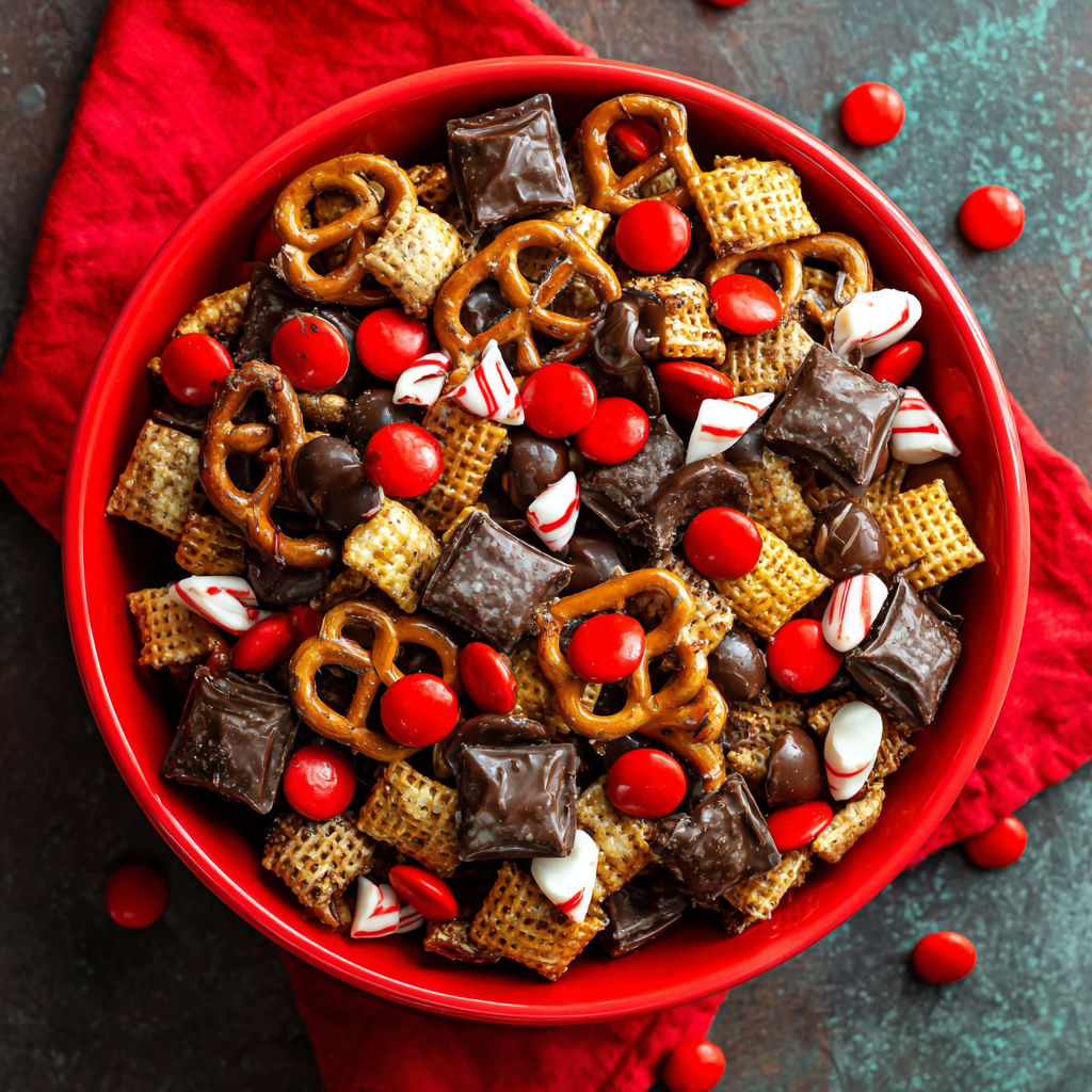 A bowl of candy with a red cloth on a table.