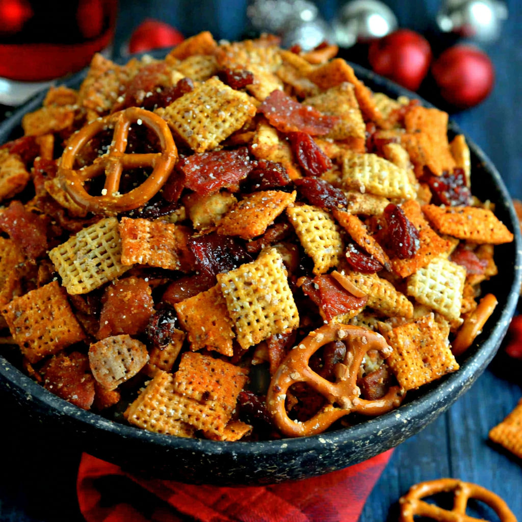 A bowl of crispy treats with a red bowl.