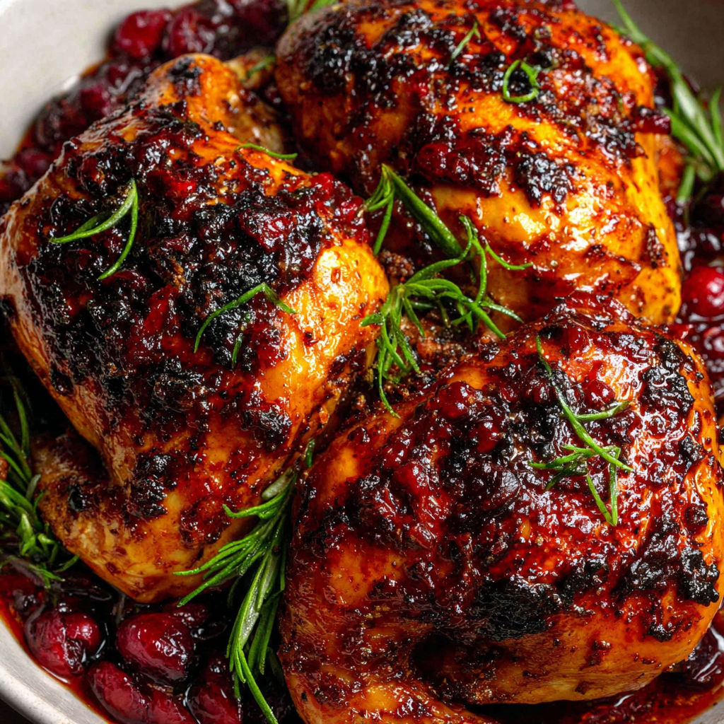 A bowl of chicken with sauce and herbs.