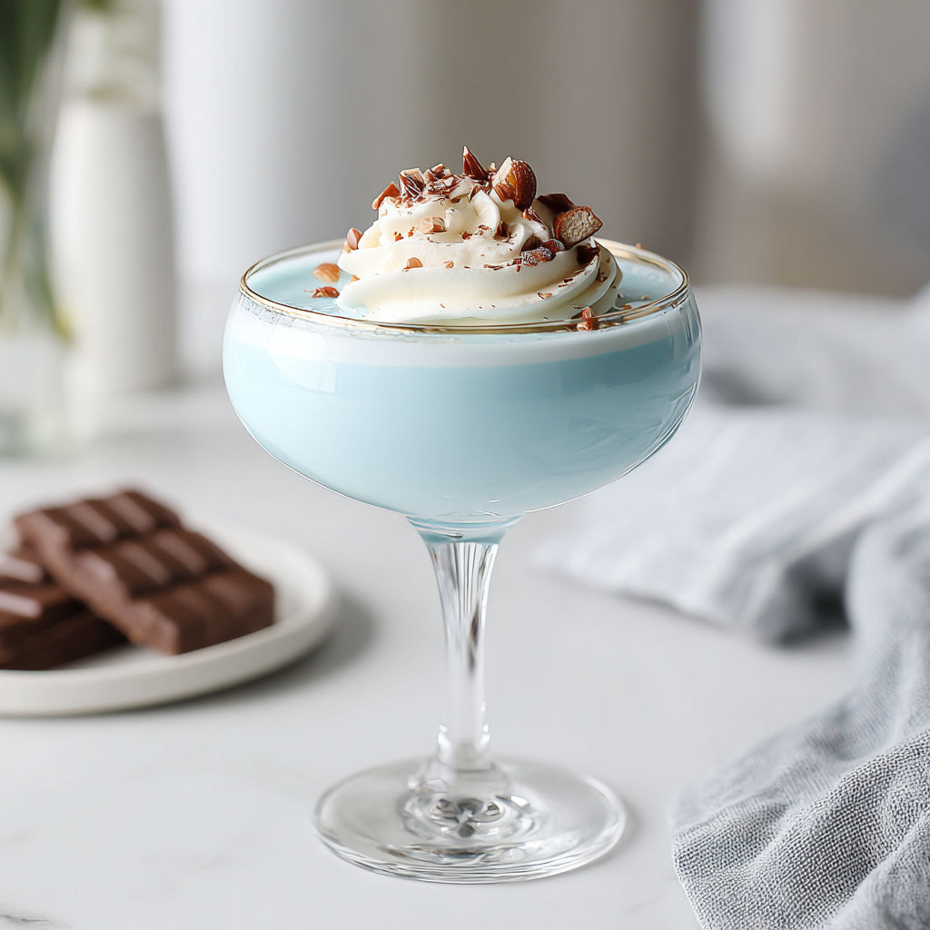 A glass of blue cream with a nut topping.