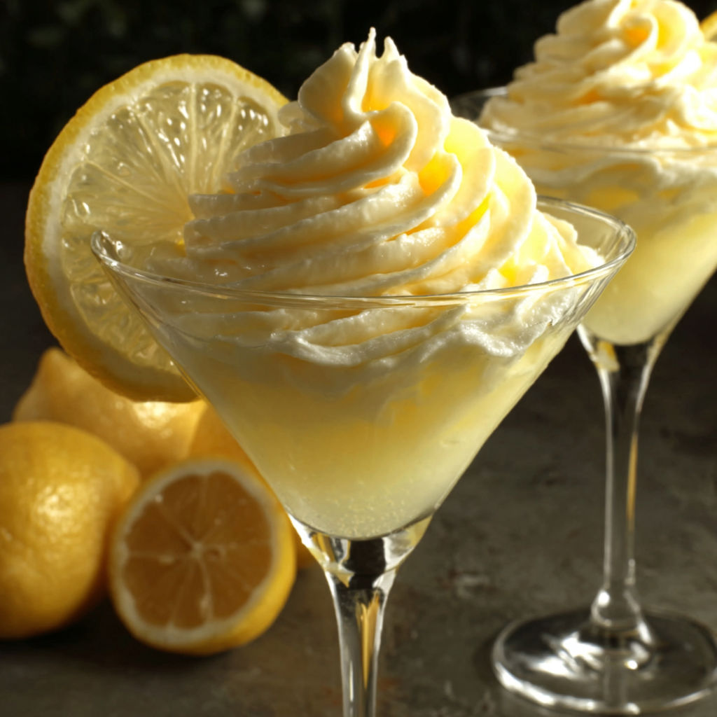 A glass of lemonade with a lemon wedge in it.