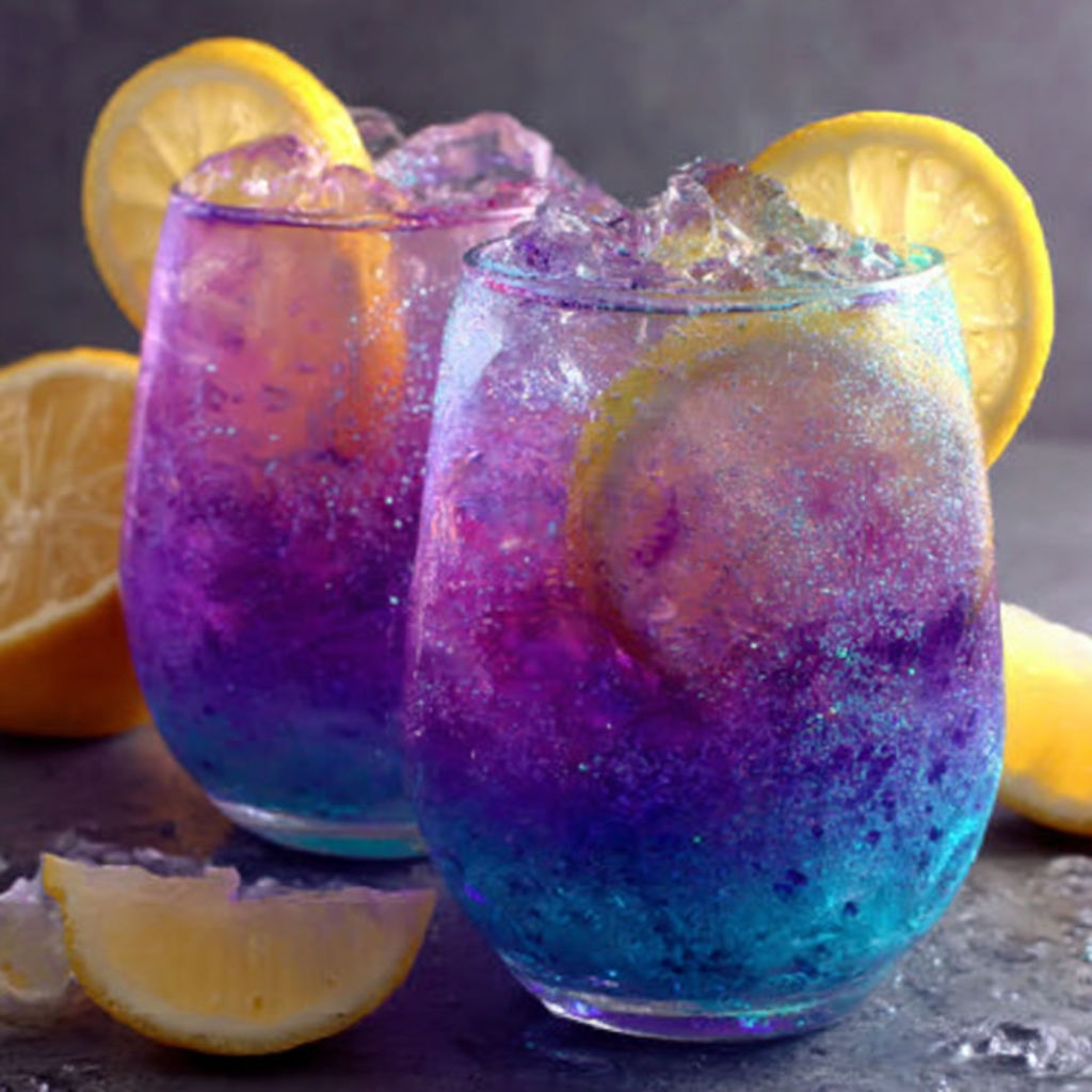 Two glasses of blue and purple drinks with lemon slices.