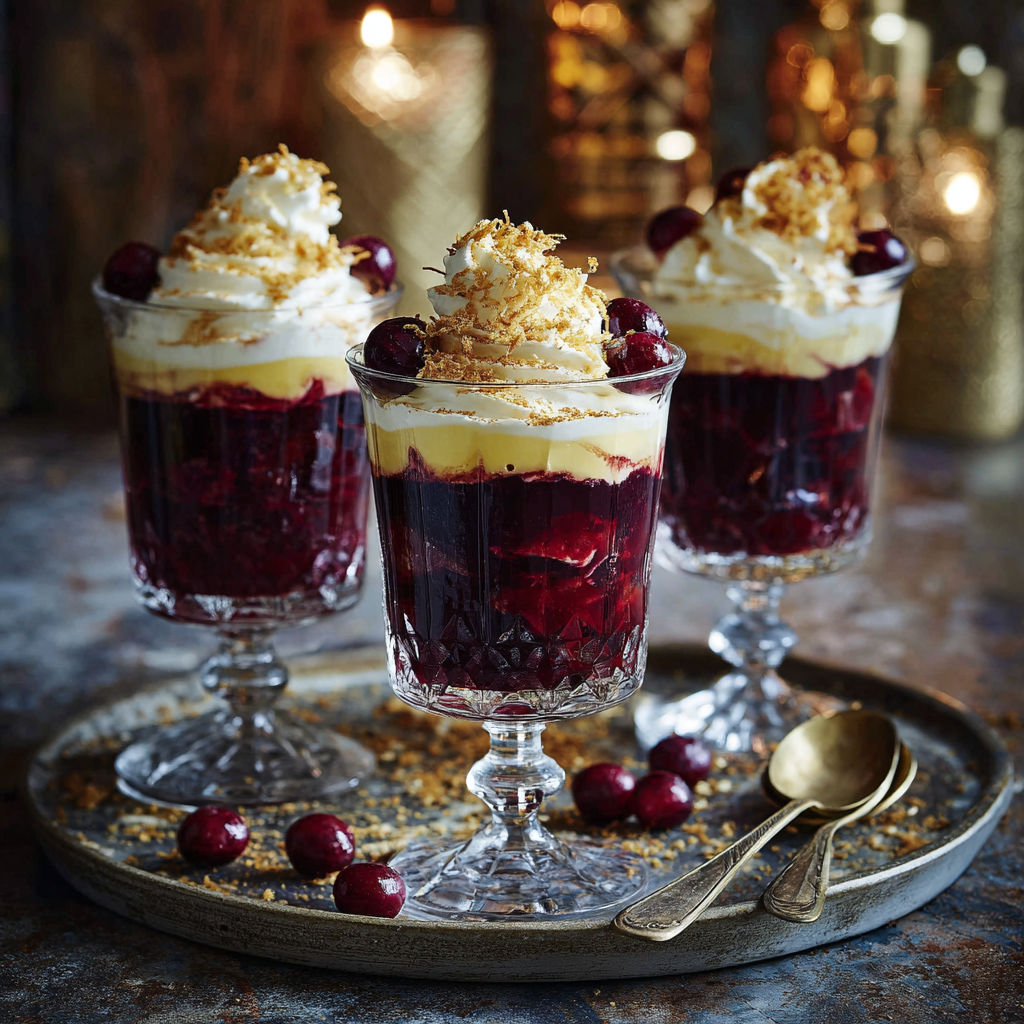 Three glasses of dessert with whipped cream and berries.