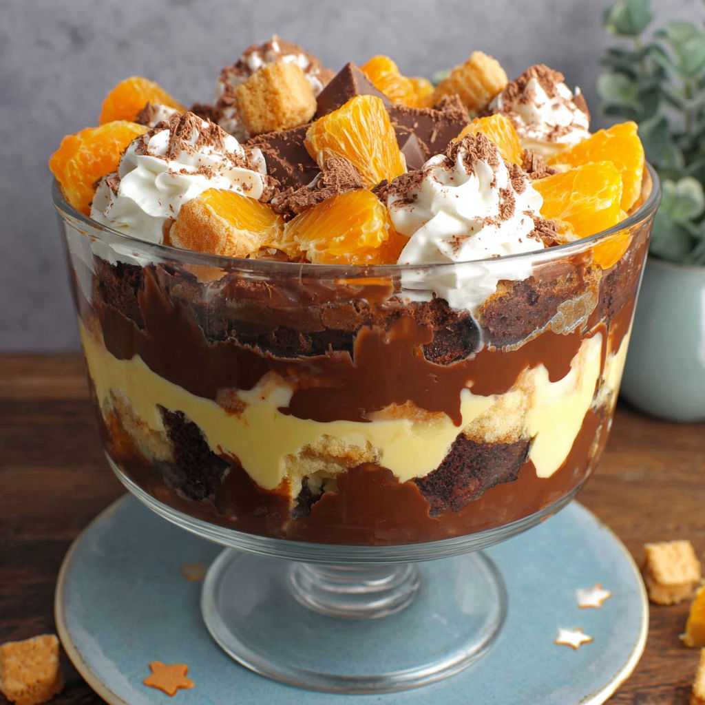 A chocolate dessert with orange slices and whipped cream.