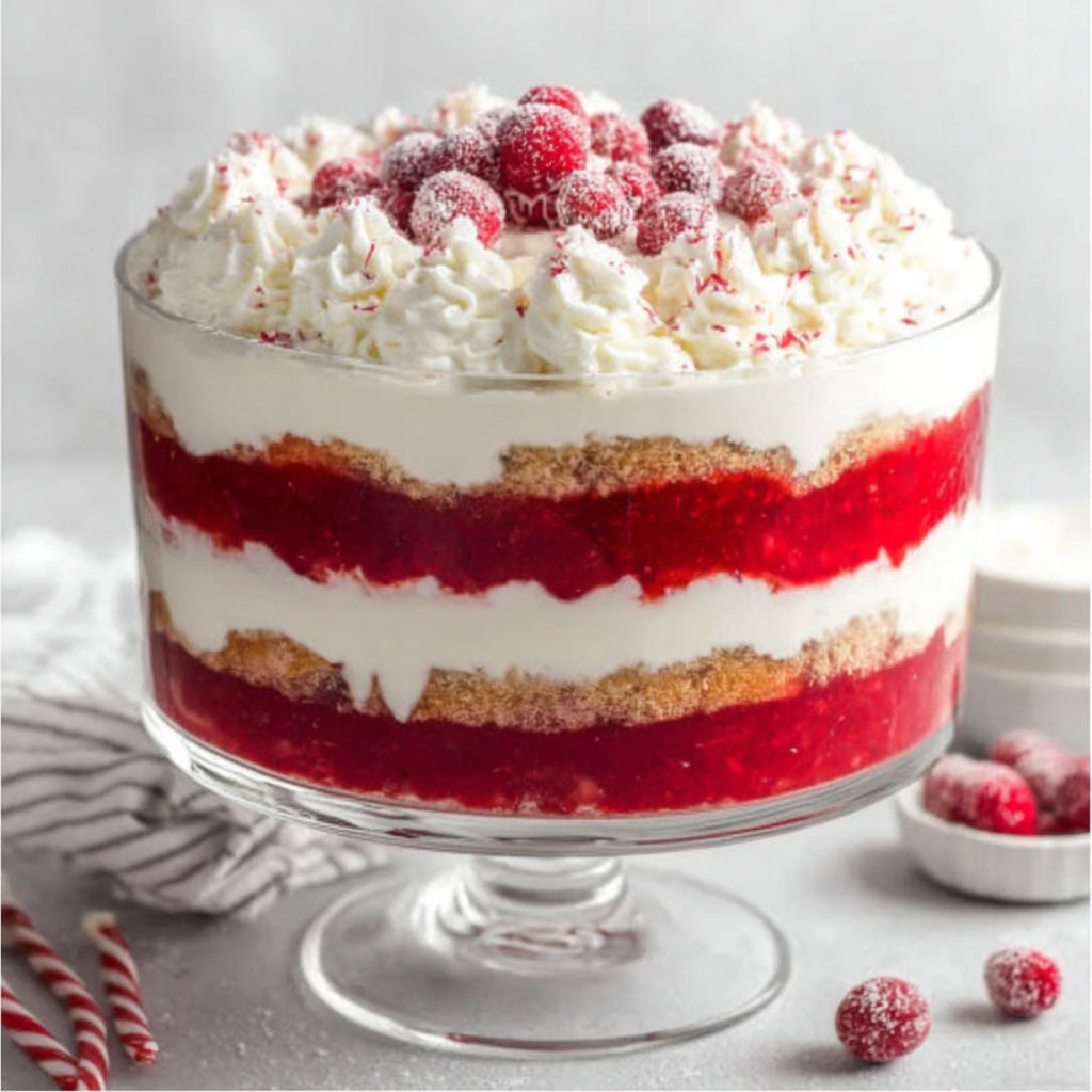 A glass cake with white frosting and red raspberries.