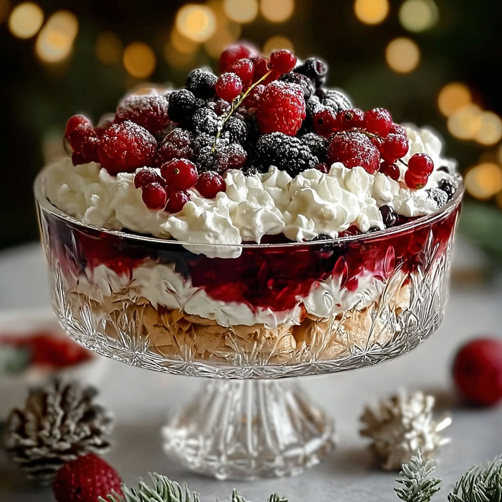 A glass bowl filled with berries and whipped cream.