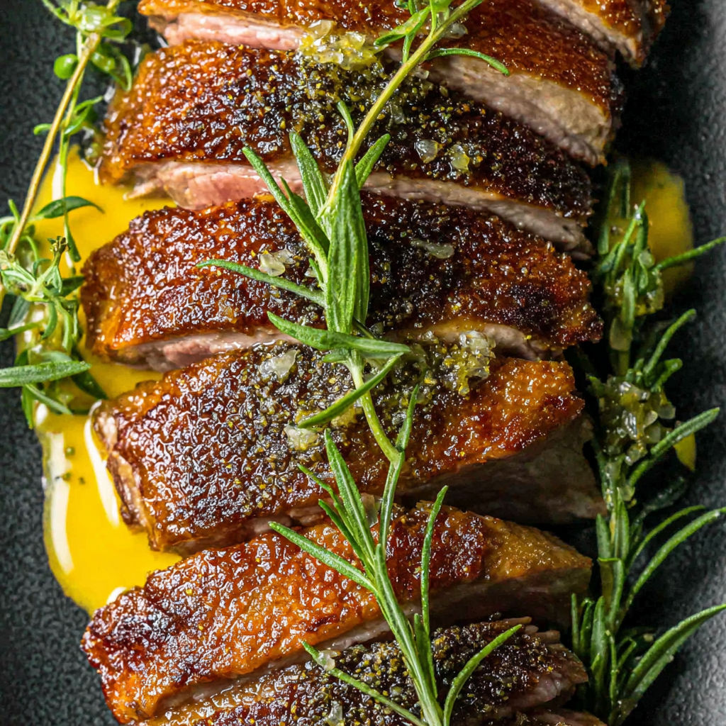 A plate of meat with herbs on it.