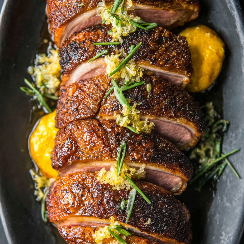 A plate of food with a duck on it.