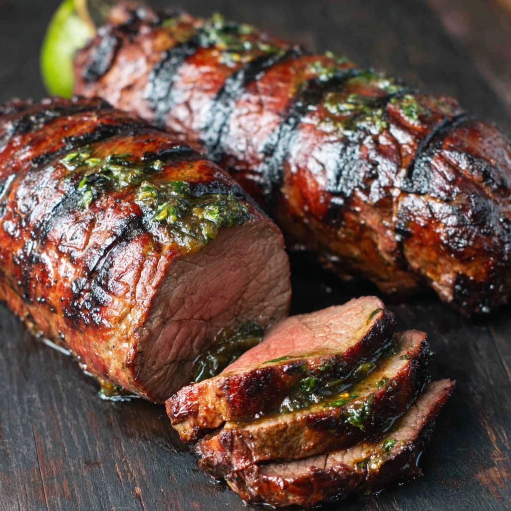 A piece of meat with a green sauce on it.