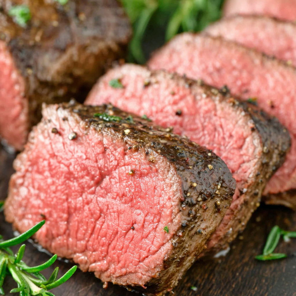 A close up of a piece of meat with a sprig of parsley on top.