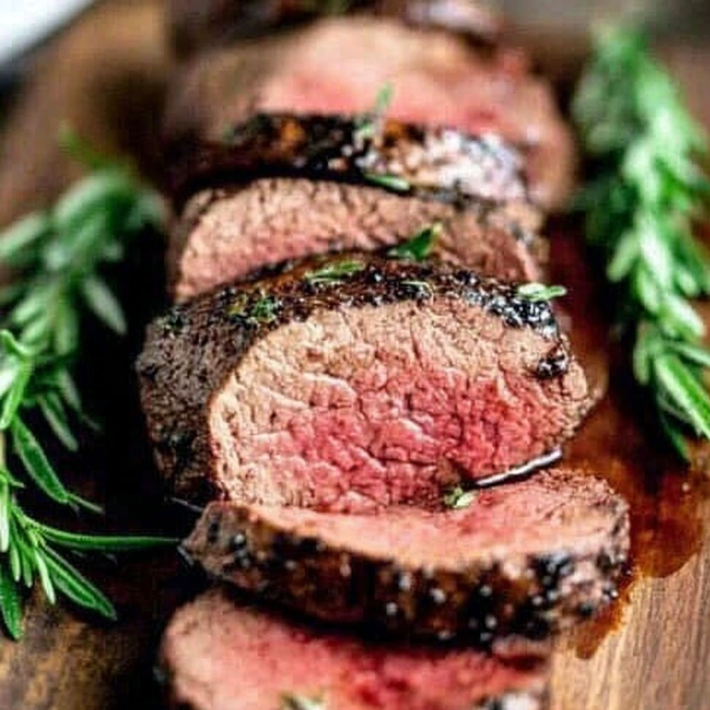 A piece of meat with a green garnish on a wooden cutting board.