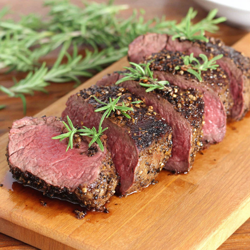 A piece of meat with herbs on it.