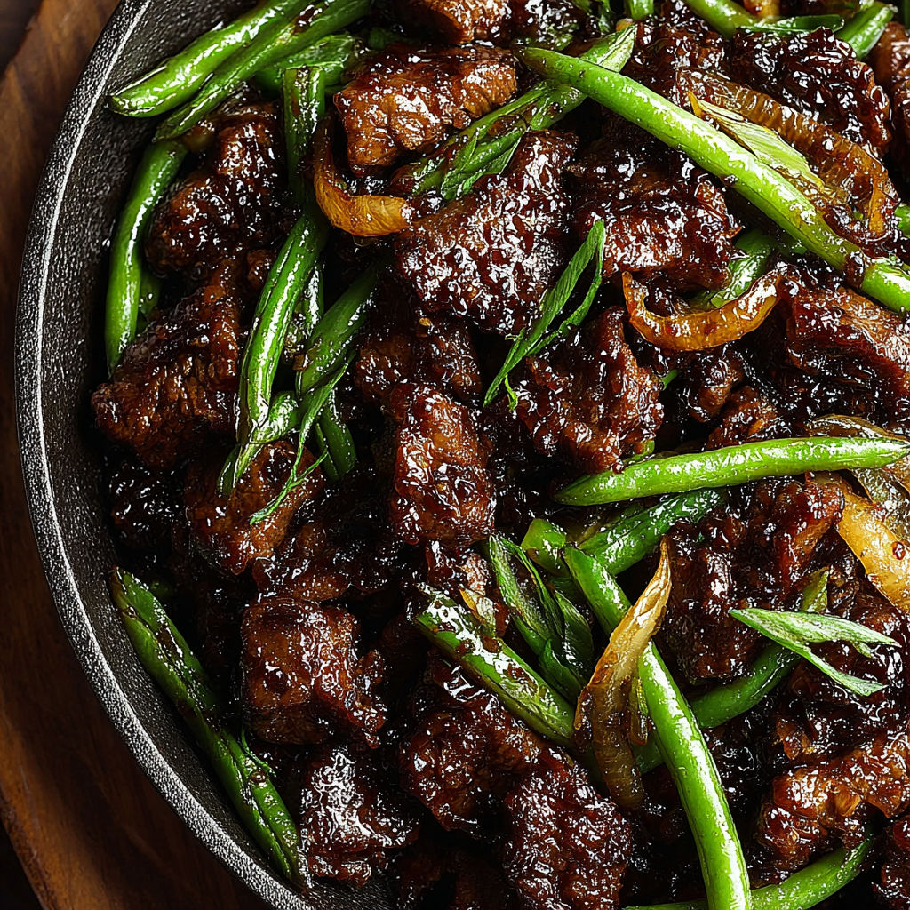 A bowl of beef and green beans.