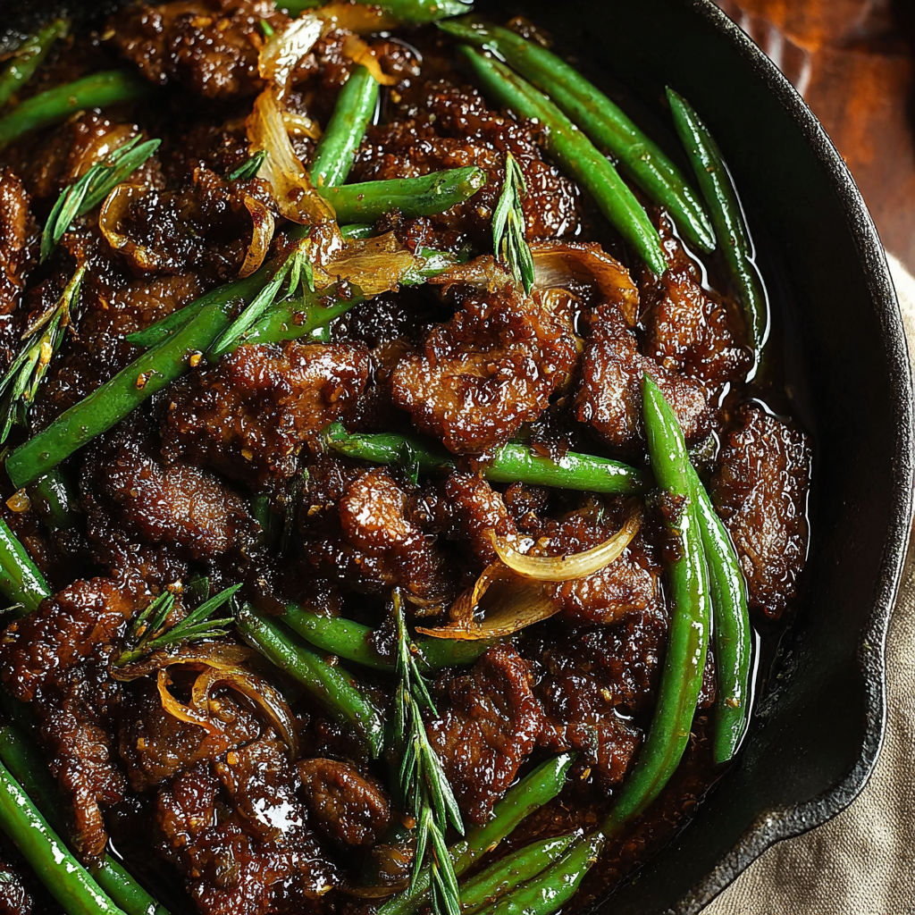 A close up of a delicious stew with meat and green beans.