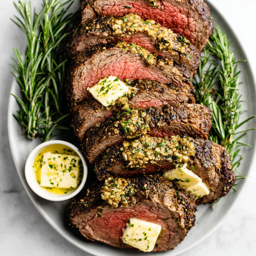 A plate of meat with butter and herbs on it.