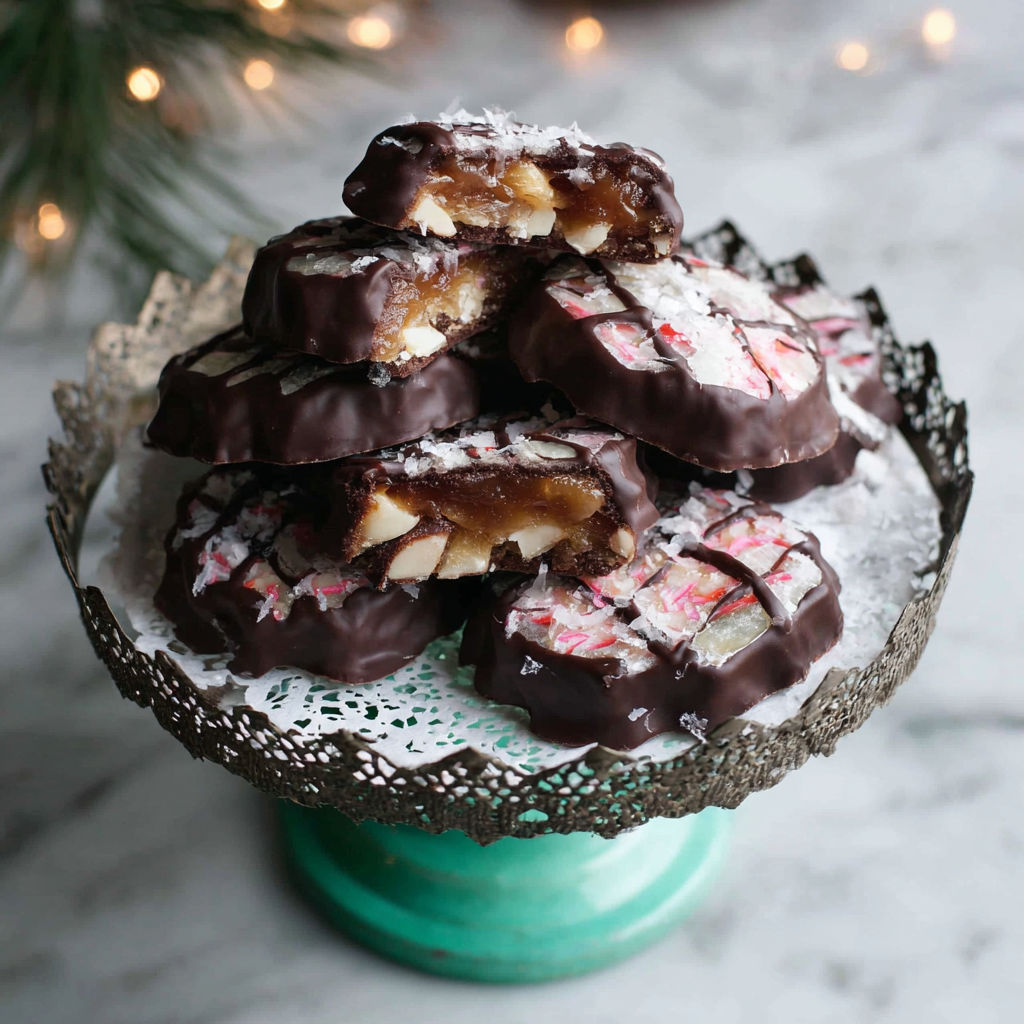 A plate of chocolate desserts with white powder on top.
