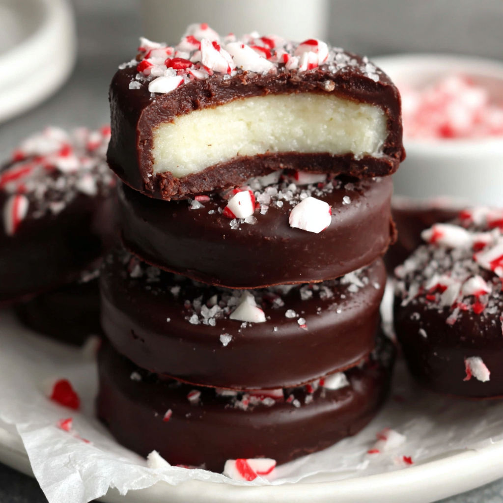 A plate of chocolate covered candy with red and white sprinkles.