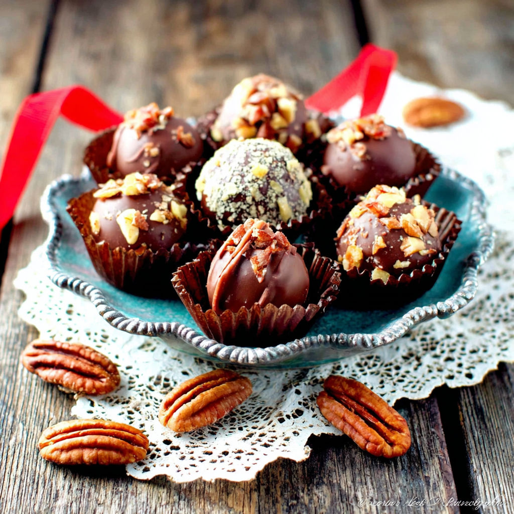 A plate of chocolate covered nuts.