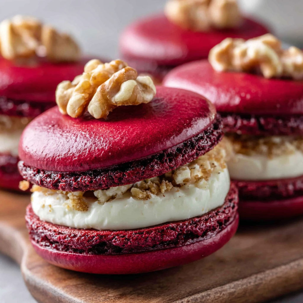 A red dessert with a nut on top.