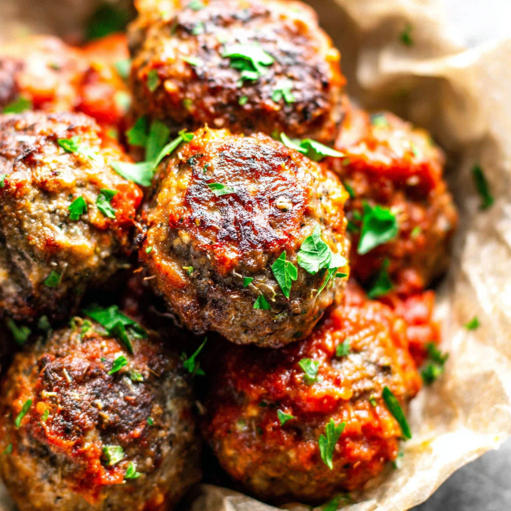 A bowl of meatballs with green herbs on top.