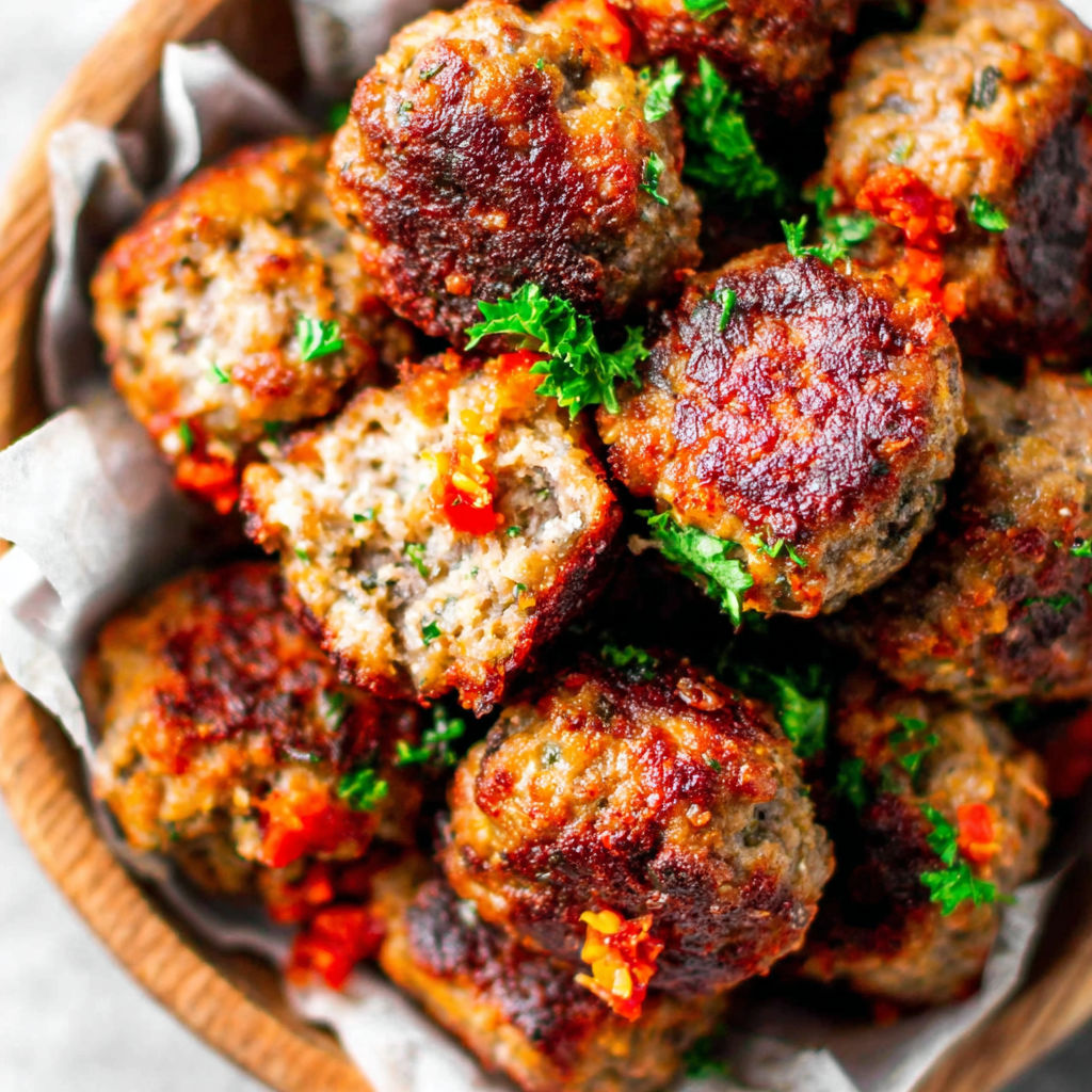A bowl of meatballs with green toppings.