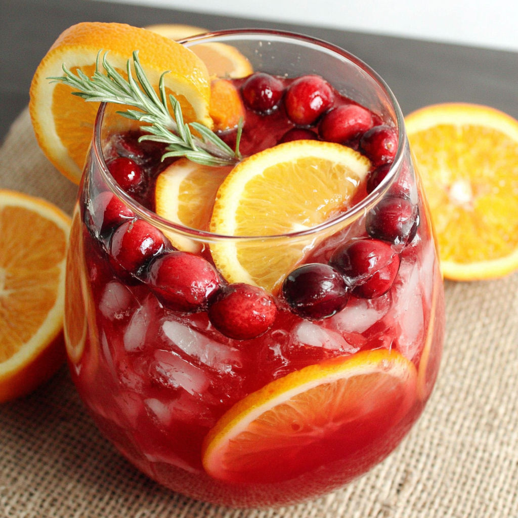 A glass of red wine with orange slices and cherries.
