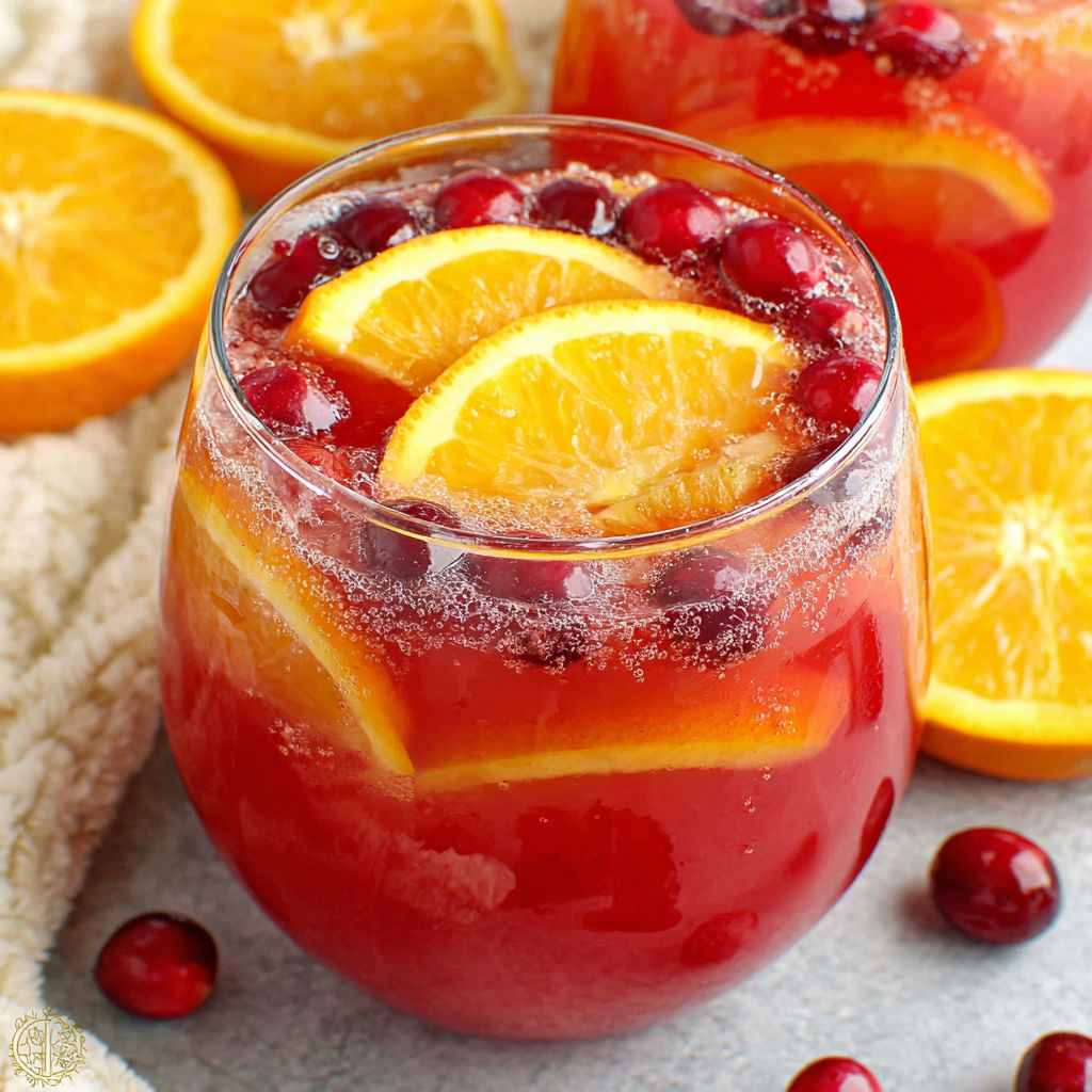 A glass of red wine with orange slices in it.