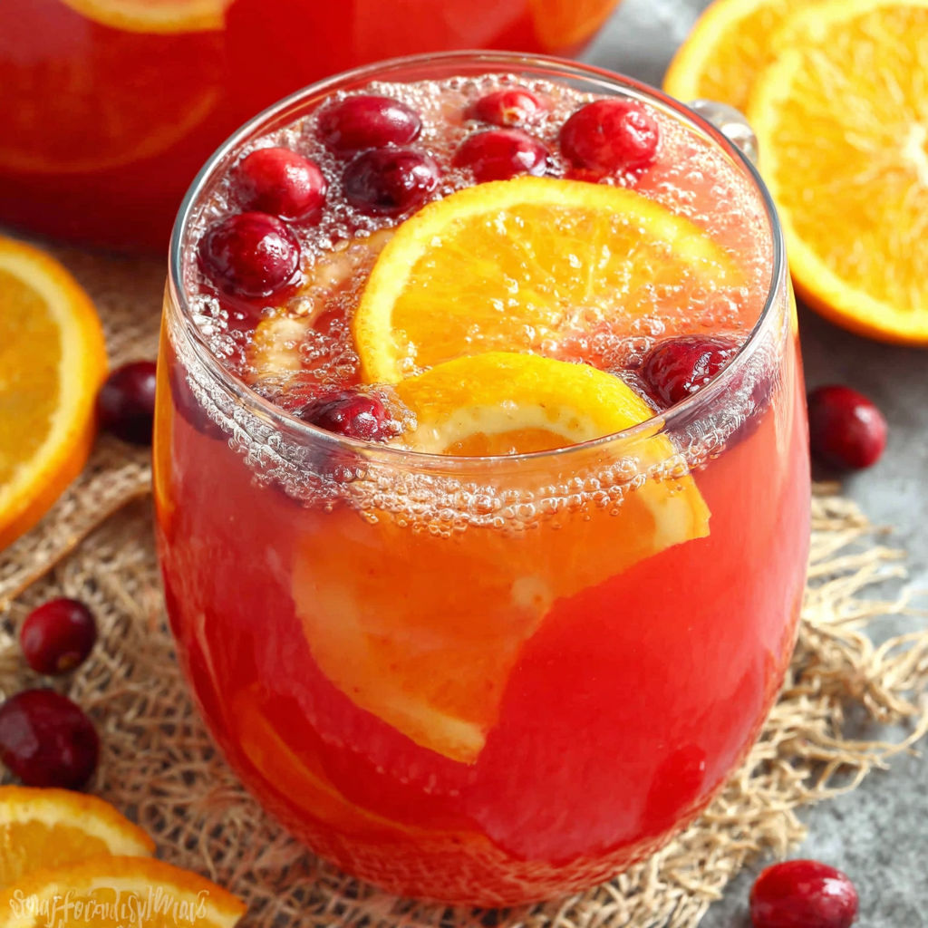 A glass of red wine with orange slices and cranberries.