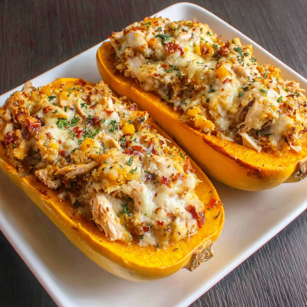 Two slices of pumpkin with cheese and chicken.