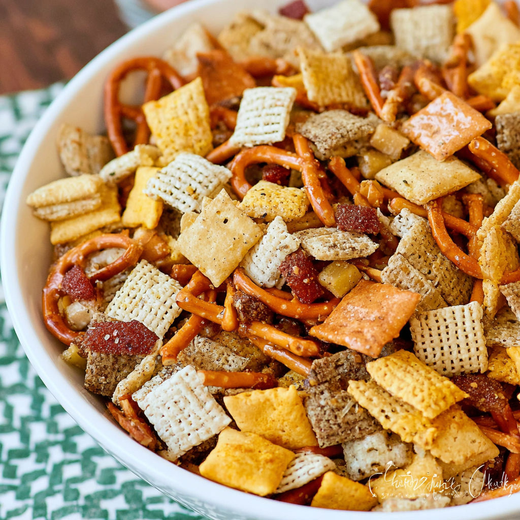 A bowl of snacks with a variety of crackers and pretzels.