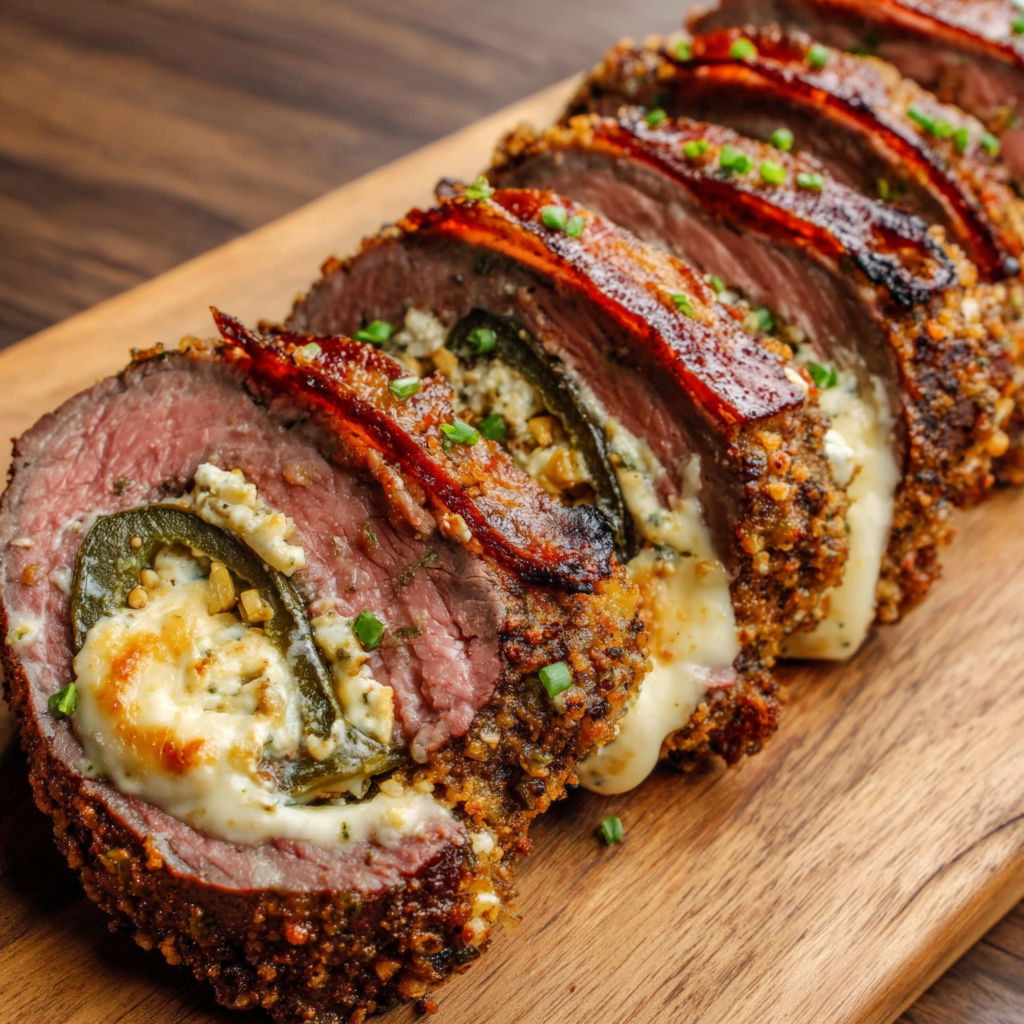 A large piece of meat with cheese and herbs on it.