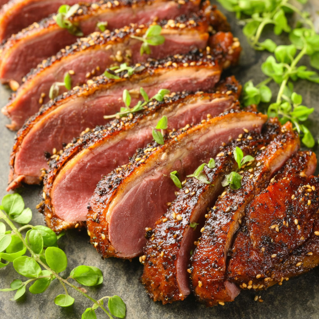A close up of a piece of meat with seasoning on it.