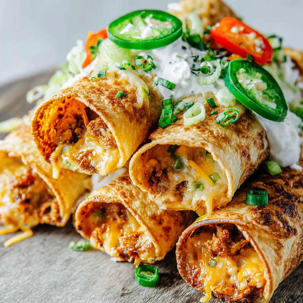 A stack of burritos with white cheese and jalapenos.
