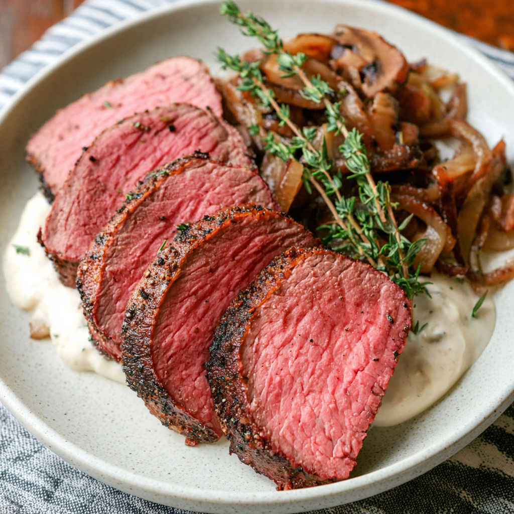 A plate of meat with onions and herbs.